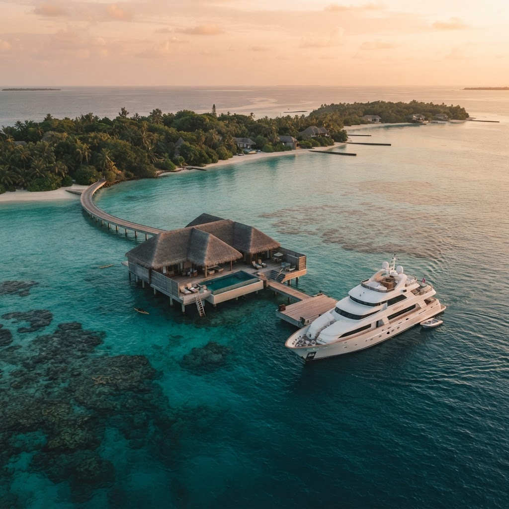 Aerial view of a serene turquoise ocean with an overwater villa at golden hour